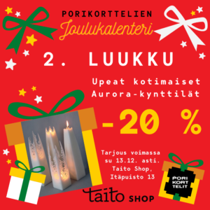 Porikorttelien joulukalenteri: luukku 2: Upeat kotimaiset Aurora-kynttilät Taito Shopista -20 %.